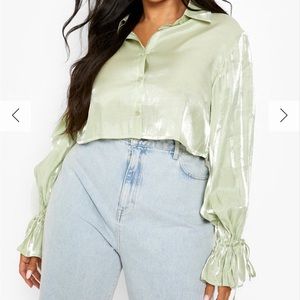 Shimmer satin tie cuff blouse